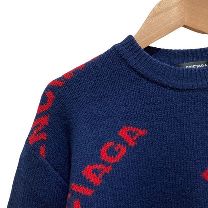 Balenciaga Logo Jacquard Knit Sweater S Navy