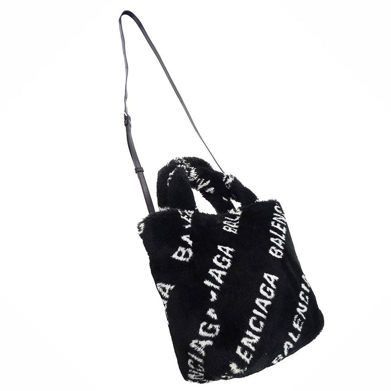 Balenciaga Shoulder Bag Everyday 2-Way Faux Fur Black Logo