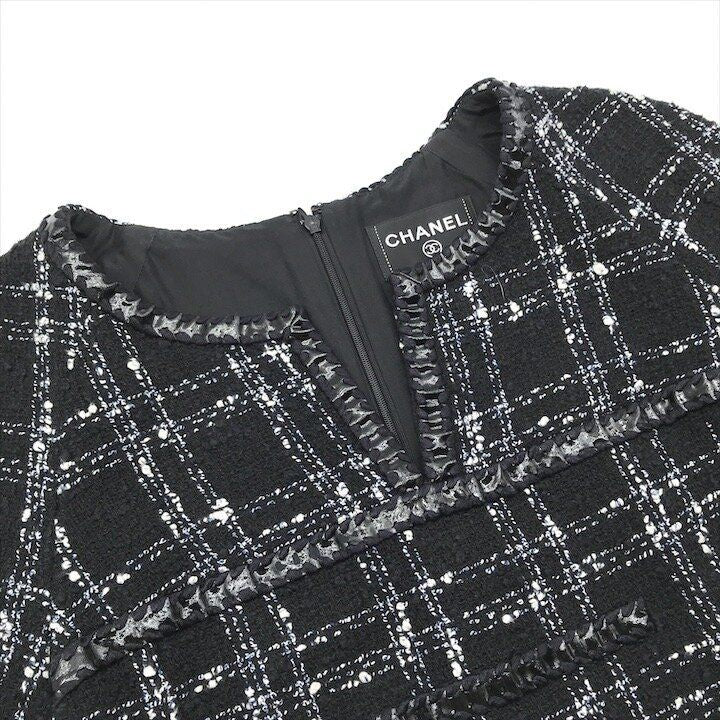 Chanel CC Logo Button Tweed Dress Black 38