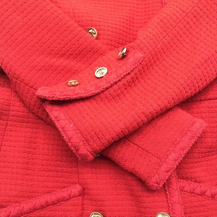 Chanel CC Logo Button Tweed Vintage Long Coat Red