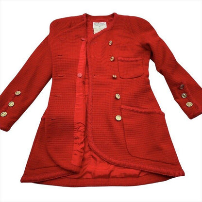 Chanel CC Logo Button Tweed Vintage Long Coat Red