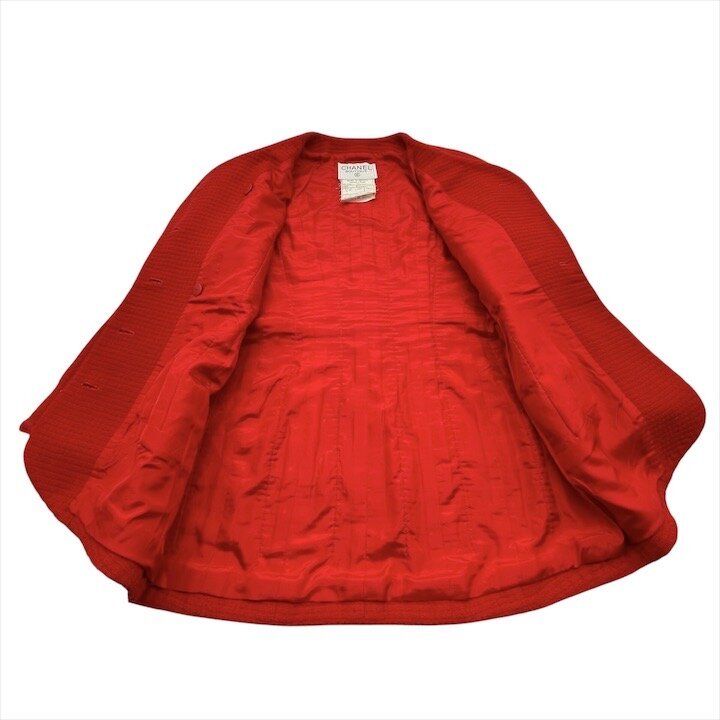 Chanel CC Logo Button Tweed Vintage Long Coat Red