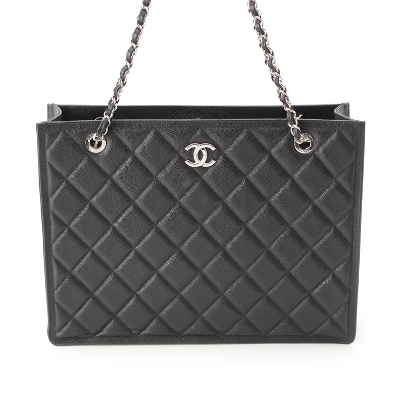 Chanel 23k Caviar Leather Quilted CC Logo Chain Tote Black Silver