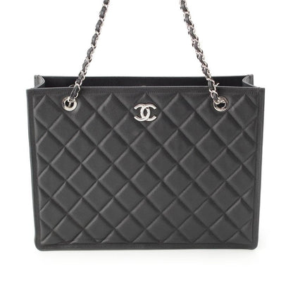 Chanel 23k Caviar Leather Quilted CC Logo Chain Tote Black Silver
