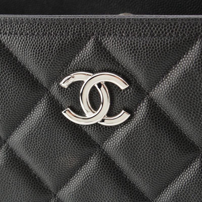 Chanel 23k Caviar Leather Quilted CC Logo Chain Tote Black Silver