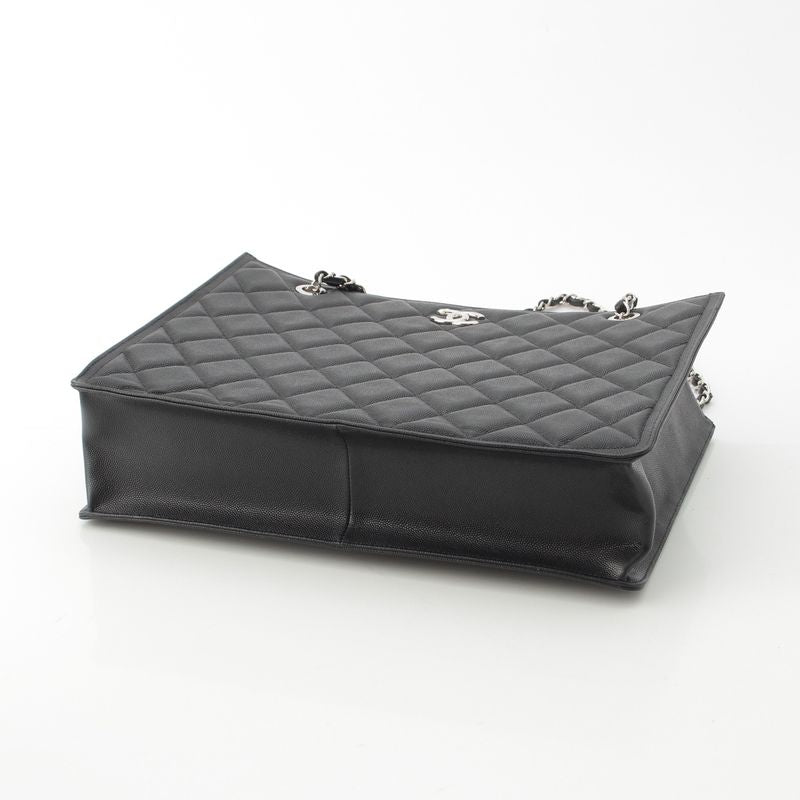 Chanel 23k Caviar Leather Quilted CC Logo Chain Tote Black Silver