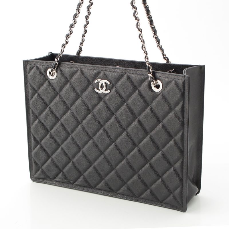 Chanel 23k Caviar Leather Quilted CC Logo Chain Tote Black Silver