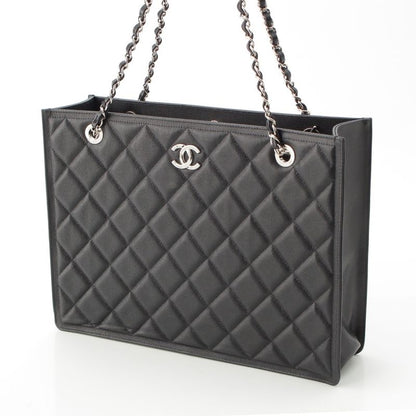Chanel 23k Caviar Leather Quilted CC Logo Chain Tote Black Silver
