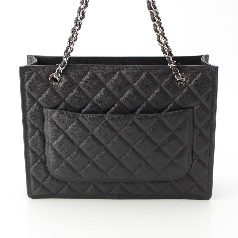 Chanel 23k Caviar Leather Quilted CC Logo Chain Tote Black Silver