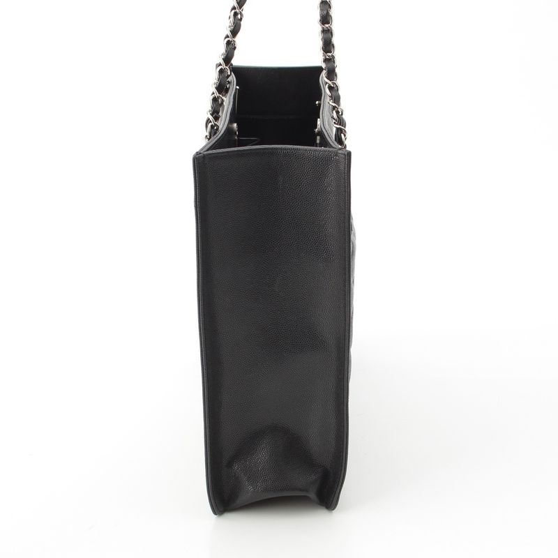 Chanel 23k Caviar Leather Quilted CC Logo Chain Tote Black Silver