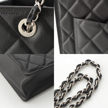 Chanel 23k Caviar Leather Quilted CC Logo Chain Tote Black Silver