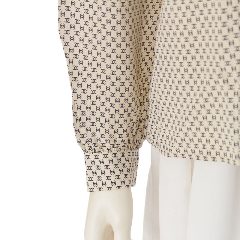 Chanel Silk Dead Stock CC Logo Monogram Long Sleeve Shirt Blouse Top Off White