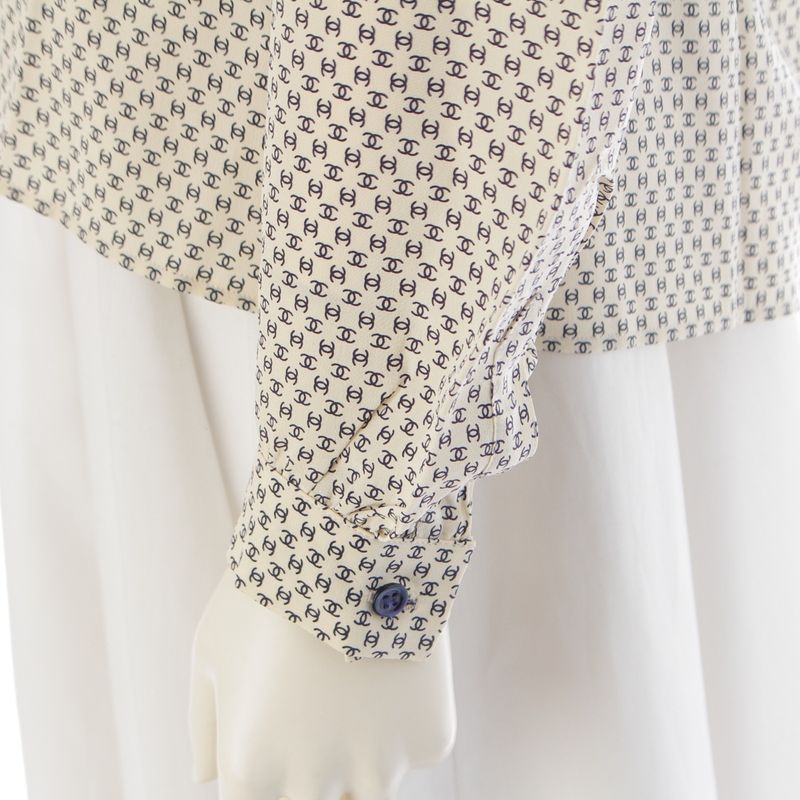 Chanel Silk Dead Stock CC Logo Monogram Long Sleeve Shirt Blouse Top Off White