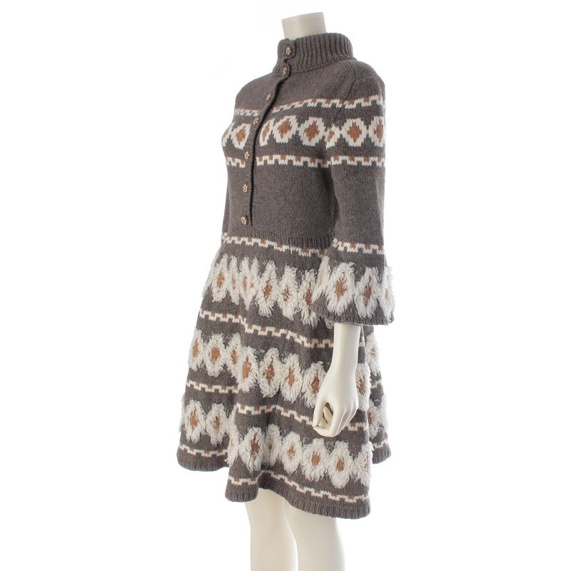 Chanel Wool Yak Cashmere Fleece Knit Dress High Neck Gray Brown 34