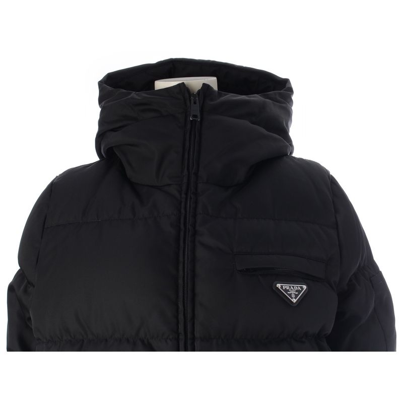 Prada Re-Nylon Triangle Logo Down Jacket with Inner Hood Puffer Black 38