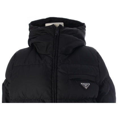 Prada Re-Nylon Triangle Logo Down Jacket with Inner Hood Puffer Black 38
