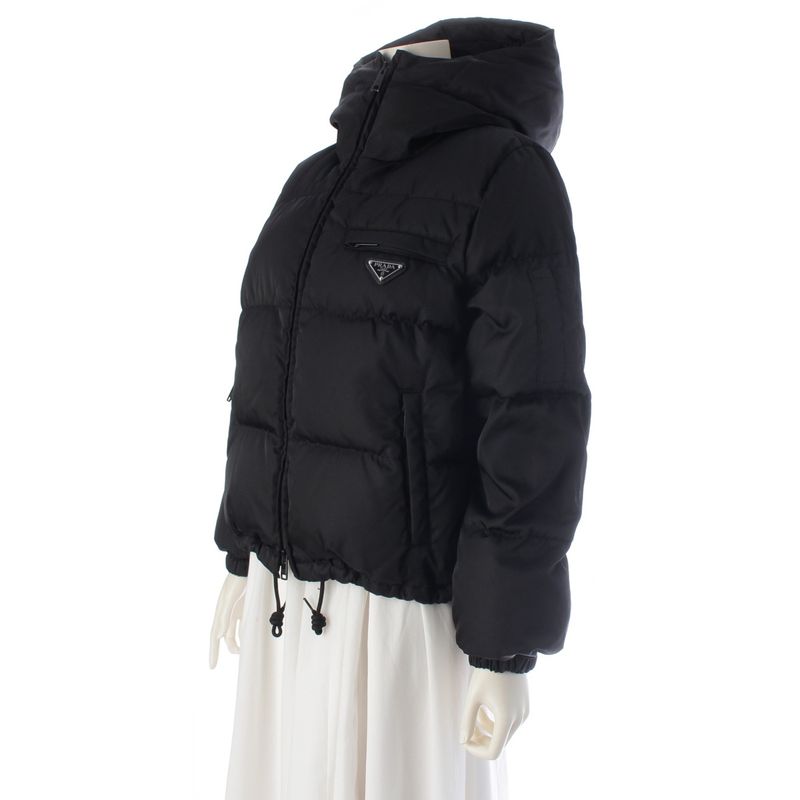 Prada Re-Nylon Triangle Logo Down Jacket with Inner Hood Puffer Black 38