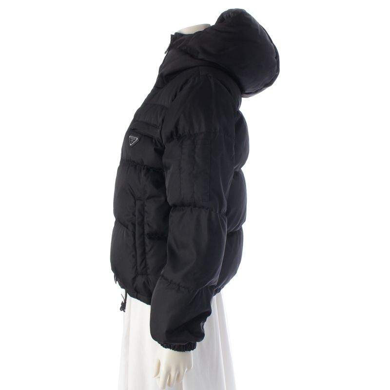 Prada Re-Nylon Triangle Logo Down Jacket with Inner Hood Puffer Black 38