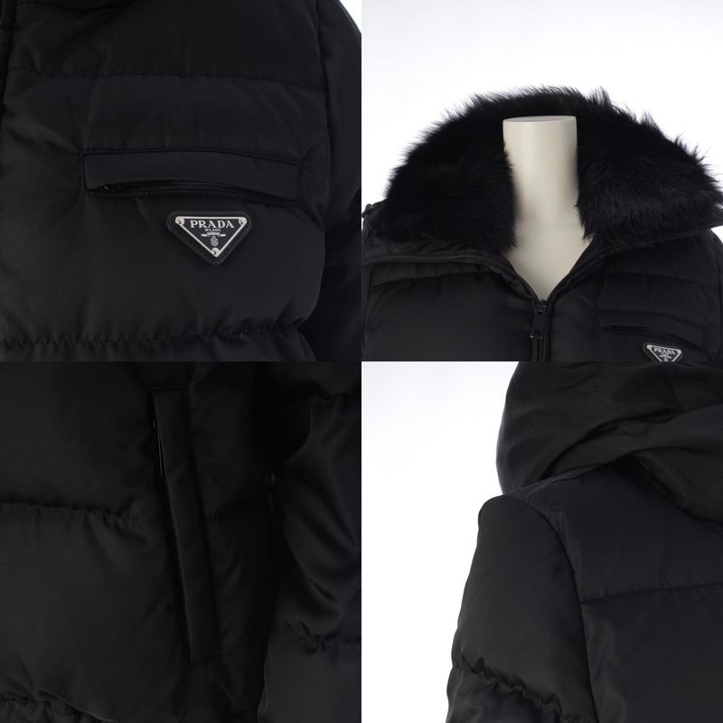 Prada Re-Nylon Triangle Logo Down Jacket with Inner Hood Puffer Black 38