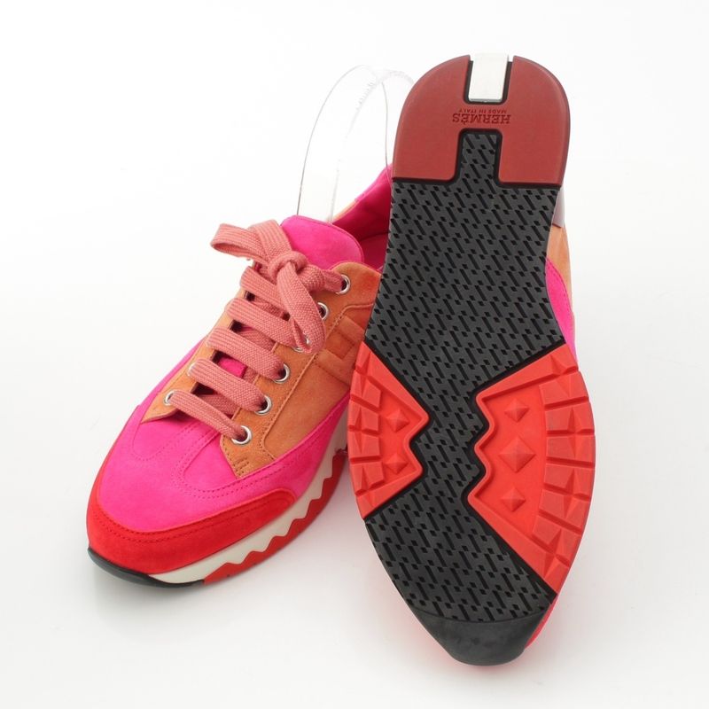 Hermes Suede Stadium Sneakers Pink Brown 38