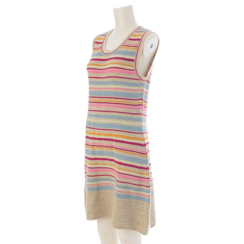 Chanel Cotton Knit Sleeveless Border Pattern Dress Multicolor 42
