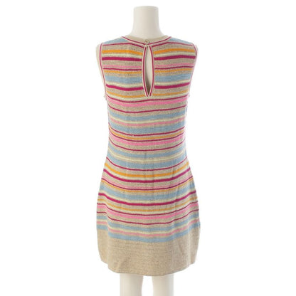 Chanel Cotton Knit Sleeveless Border Pattern Dress Multicolor 42