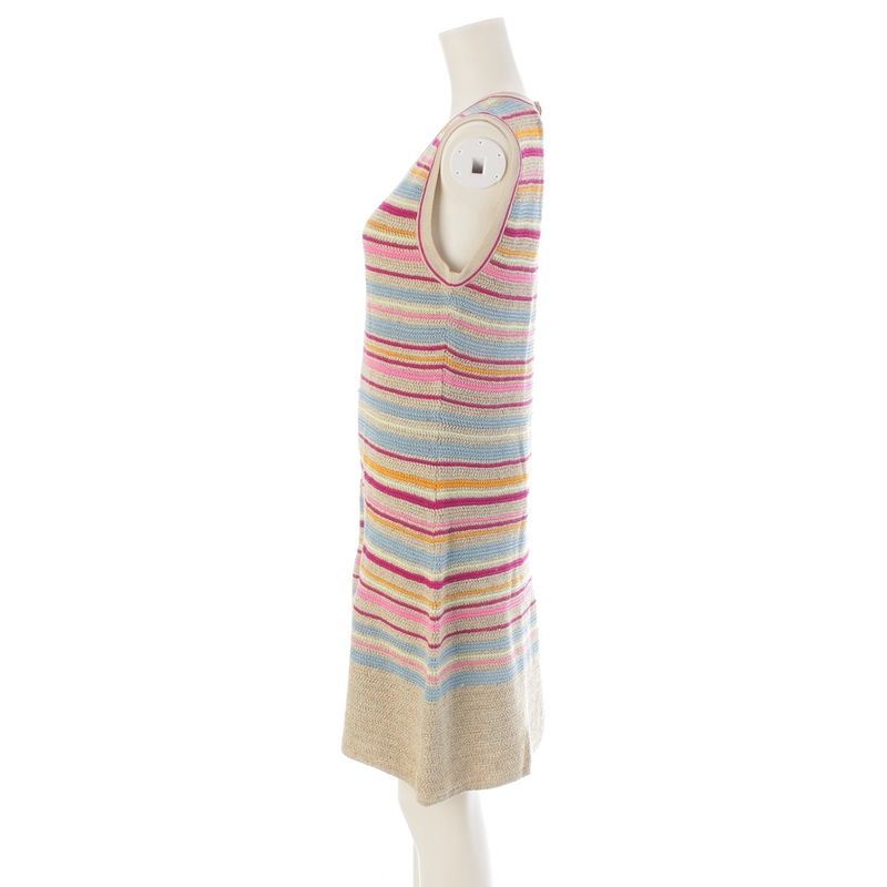 Chanel Cotton Knit Sleeveless Border Pattern Dress Multicolor 42