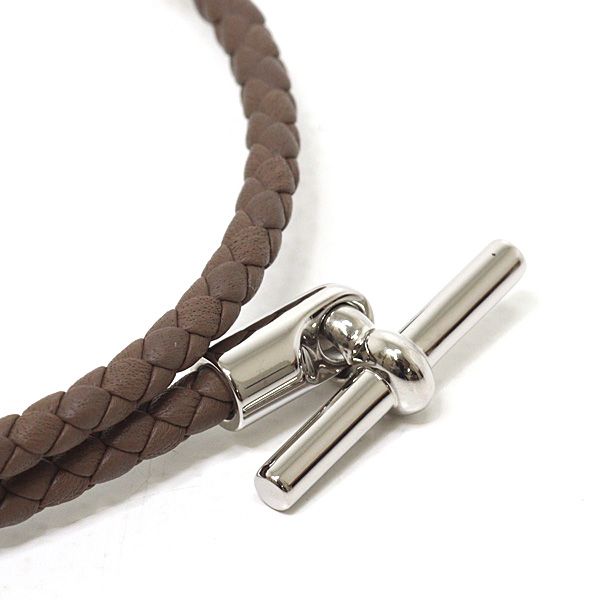 Hermes Leather Bracelet Glenan Double Tour Etoupe Silver