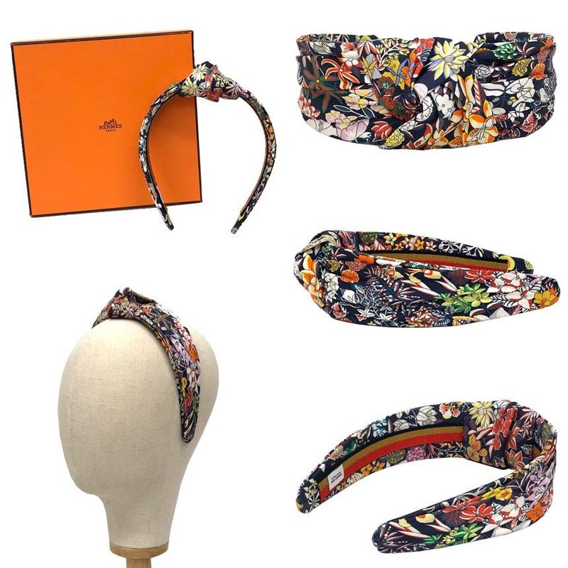 Hermes Flower Pattern Headband Knot Bloom Silk Navy Hair