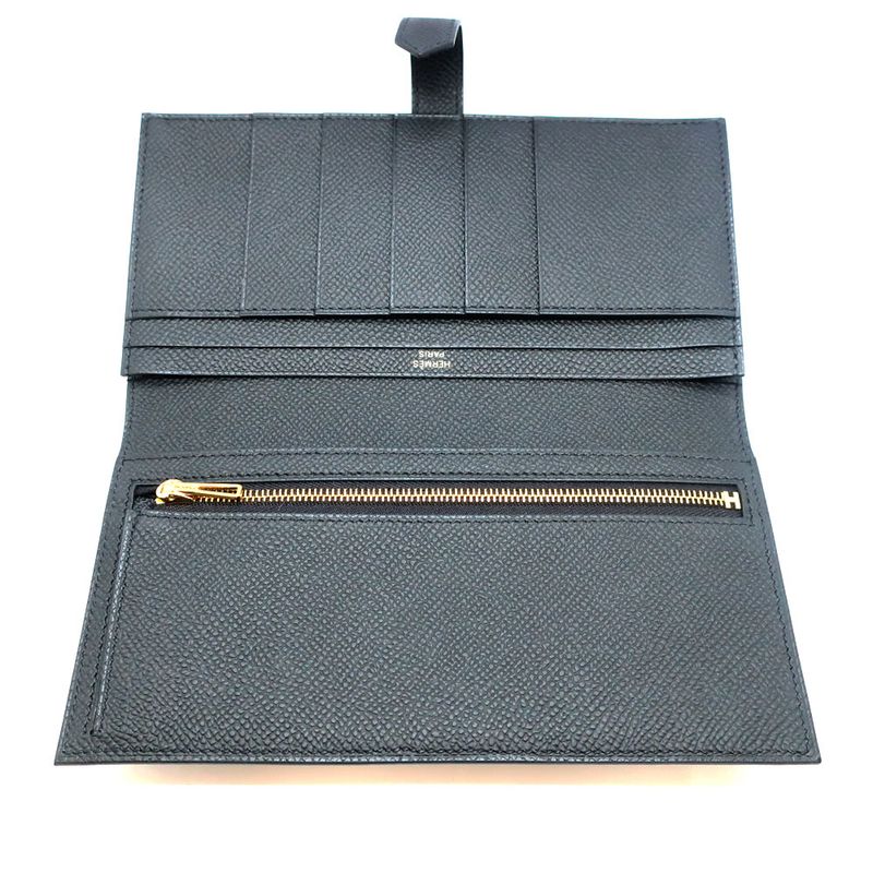 Hermes Bearn Souffle Epsom Gold Noir Black Wallet