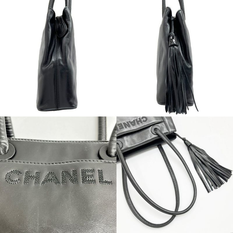 Chanel Shoulder Bag Logo Fringe Hotei Black