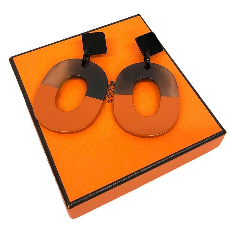 Hermes Earrings Isthme Buffalo Horn Lacquer Orange Brown