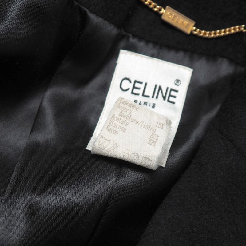 Celine Vintage Coat 40 Double Belted Leather Trim Long Cashmere Blend Angora