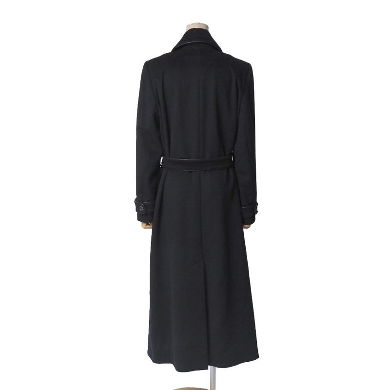 Celine Vintage Coat 40 Double Belted Leather Trim Long Cashmere Blend Angora