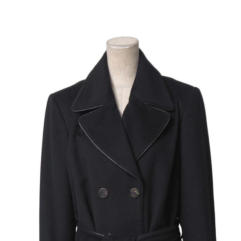 Celine Vintage Coat 40 Double Belted Leather Trim Long Cashmere Blend Angora