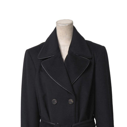 Celine Vintage Coat 40 Double Belted Leather Trim Long Cashmere Blend Angora