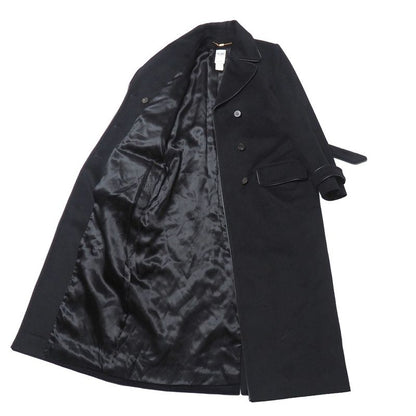 Celine Vintage Coat 40 Double Belted Leather Trim Long Cashmere Blend Angora