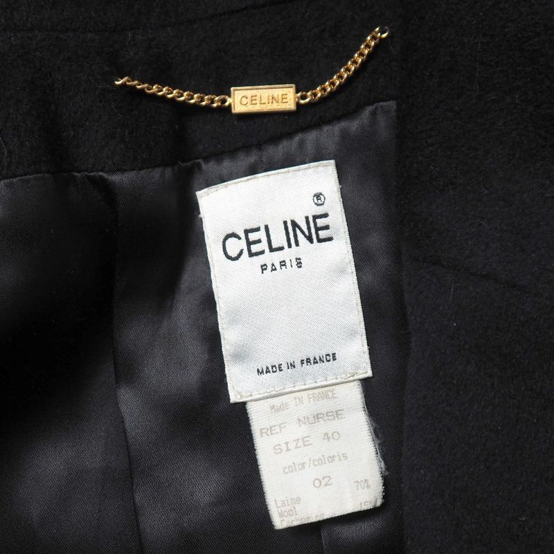 Celine Vintage Coat 40 Double Belted Leather Trim Long Cashmere Blend Angora