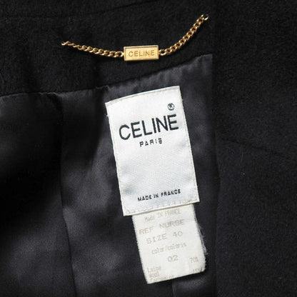Celine Vintage Coat 40 Double Belted Leather Trim Long Cashmere Blend Angora