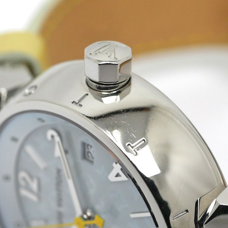 Louis Vuitton Tambour Date Light Blue Monogram Vernis SS Quartz Watch