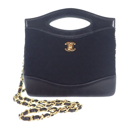 Chanel Vintage 2-Way Shoulder Bag Lambskin Cotton Black Gift