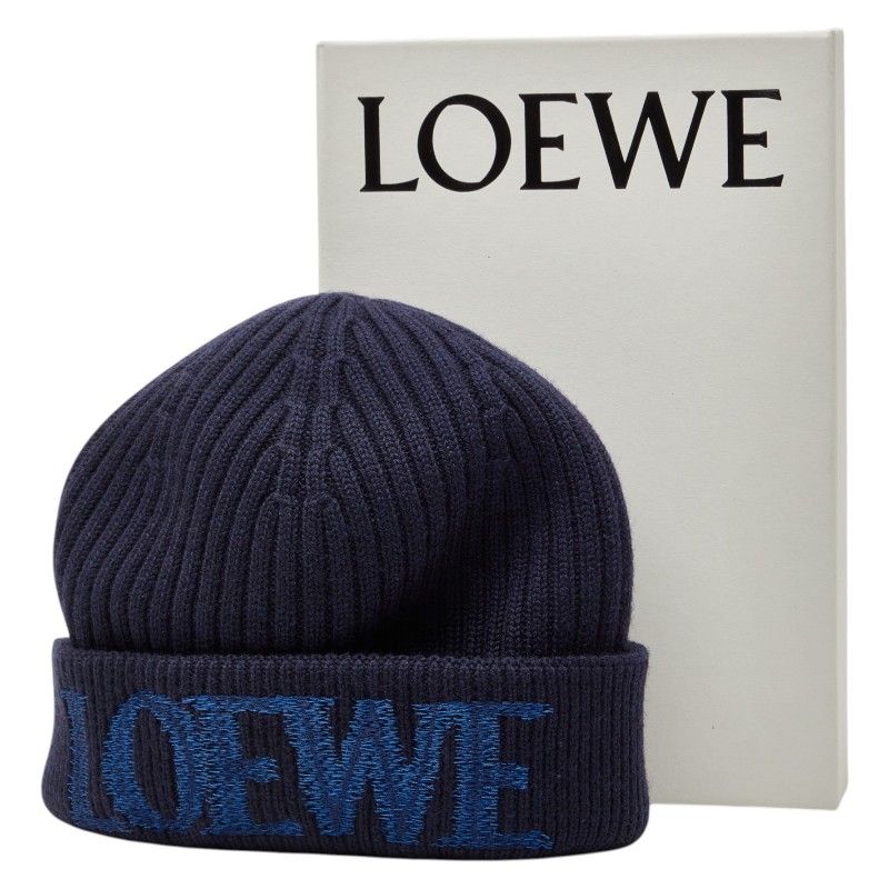 Loewe Logo Knit Cap Beanie Navy Blue Wool Hat