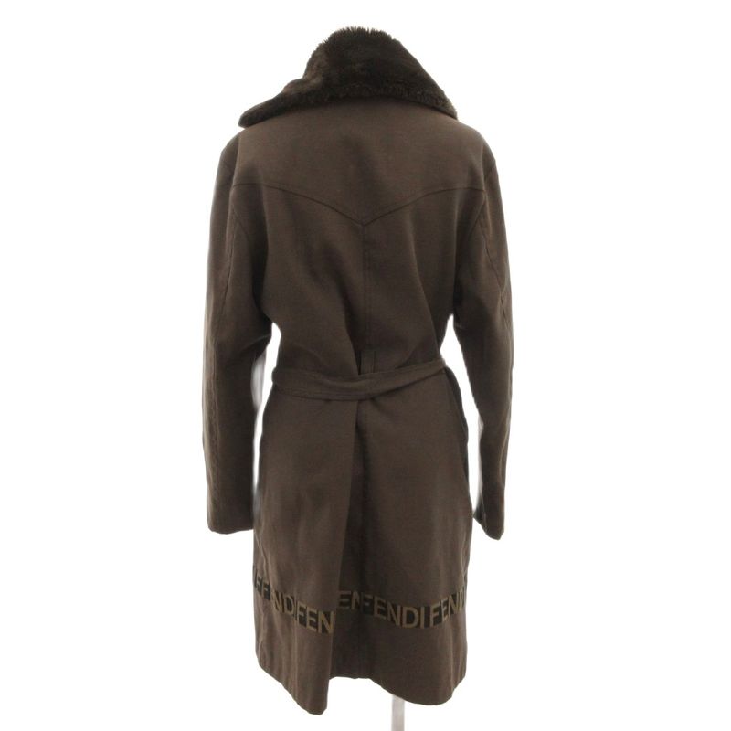 Fendi Long Coat Collar Boa Belt Logo Button 42 Brown