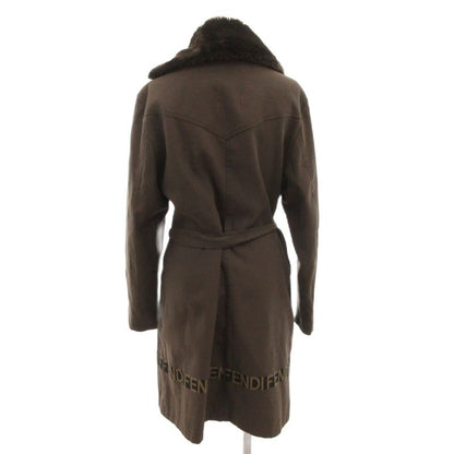 Fendi Long Coat Collar Boa Belt Logo Button 42 Brown
