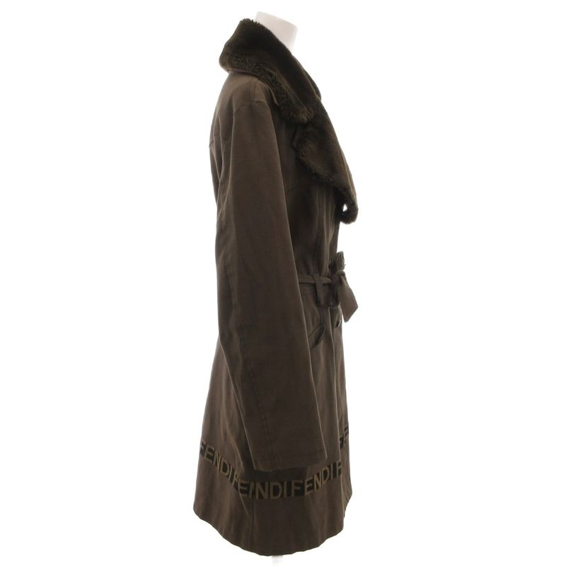 Fendi Long Coat Collar Boa Belt Logo Button 42 Brown