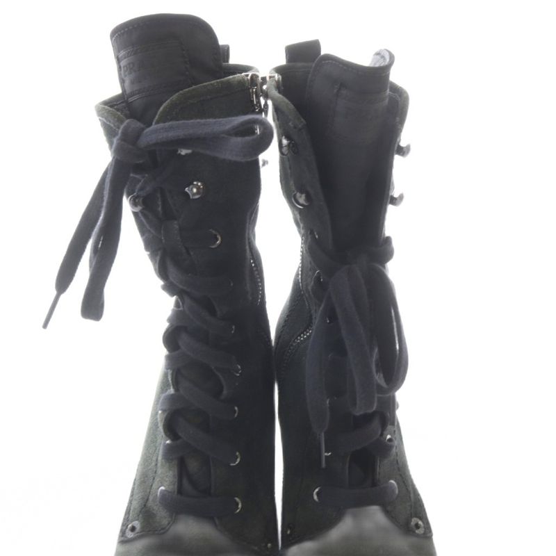 Prada Suede Boots Short High Heels 36.5 Khaki Green