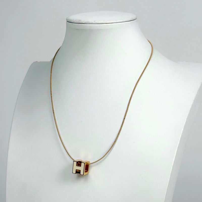 Hermes Cage Ash Cube Necklace Logo Gold Plated White