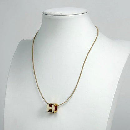 Hermes Cage Ash Cube Necklace Logo Gold Plated White