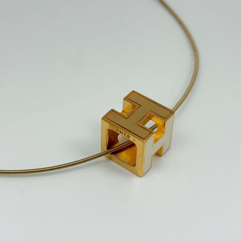 Hermes Cage Ash Cube Necklace Logo Gold Plated White