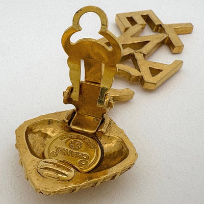 Chanel Logo Earrings Quilted Swing Large Gold Plated